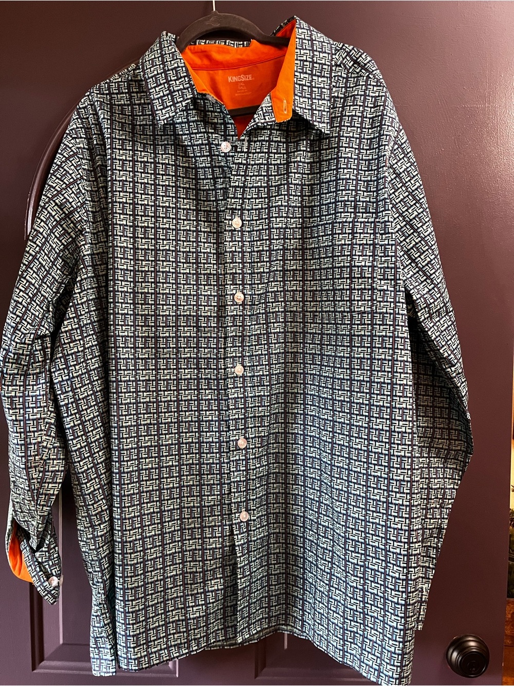 King Size Men's Patterned Button-Up Shirt with Orange Trim 3XLT